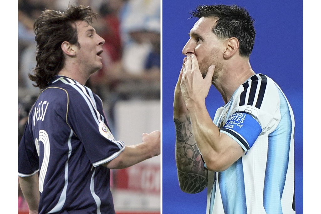FILE - This photo combination shows Argentina's Lionel Messi celebrating after scoring his first World Cup goal against Serbia and Montenegro at Gelsenkirchen stadium, Germany, June 16, 2006 and Messi reacting after scoring the third goal of his hat trick, the first of his career, during a World Cup soccer match against Algeria in Kansas City, Mo., June 16, 2026. (AP Photo/Martin Meissner, Charlie Riedel)