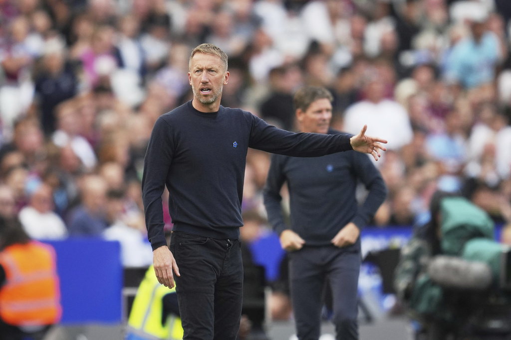 West Ham's head coach Graham Potter gestures during the English Premier League soccer match between West Ham United and Crystal Palace at the London Stadium in London, Saturday, Sept. 20, 2025. (AP Photo/Kin Cheung)