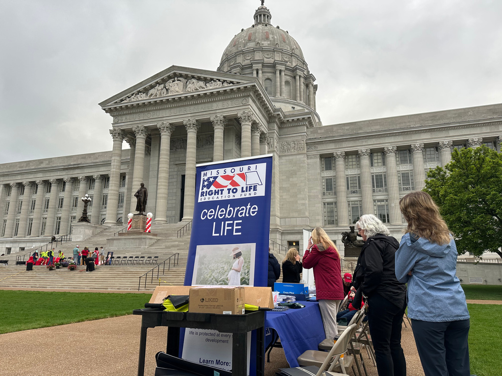 Abortion opponents prepare for a rally at the Missouri Capitol on May 1, 2025, in Jefferson City, Mo. (AP Photo/David A. Lieb)
