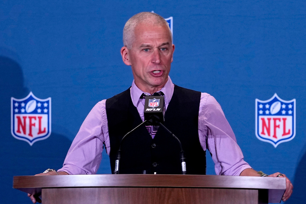 FILE - Dr. Douglas Casa, CEO, Korey Stringer Institute, speaks during an NFL safety news conference at the NFL football meetings, March 27, 2023, in Phoenix. (AP Photo/Matt York, File)