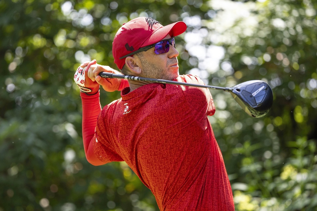 Captain Sergio Garcia, of Fireballs GC, hits from the 17th tee during the final round of LIV Golf Indianapolis at The Club at Chatham Hills, Sunday, Aug. 17, 2025, in Westfield, Ind. (Jon Ferrey/LIV Golf via AP)
