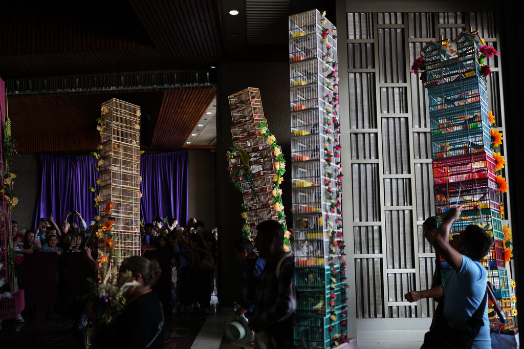 Bird sellers with his decorated cages enter the Basilica of Guadalupe during their annual pilgrimage in Mexico City, Sunday, March 29, 2026. (AP Photo/Eduardo Verdugo)