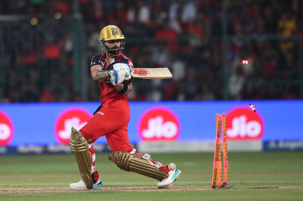 Royal Challengers Bengaluru's Virat Kohli clean bowled by Gujarat Titans' Jason Holder during the Indian Premier League cricket match between Royal Challengers Bengaluru and Gujarat Titans in Bengaluru, India, Friday, April 24, 2026. (AP Photo)