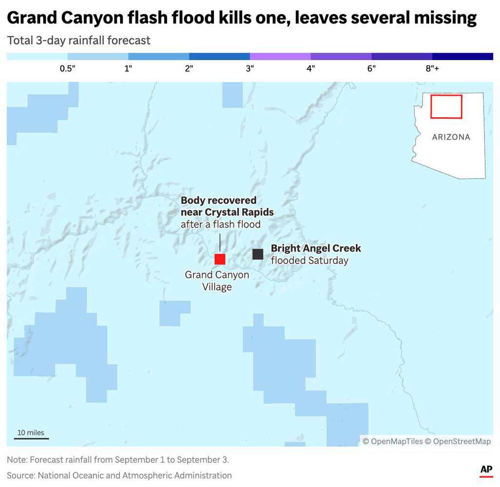 The map above shows the location of the Grand Canyon flash flood and the rainfall outlook for the area over the next three days. (AP Digital Embed)