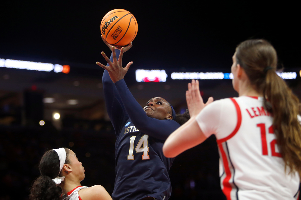 Notre Dame guard KK Bransford (14) looks to shoot against Ohio State during the second half in the second round of the NCAA college basketball tournament, Monday, March 23, 2026, in Columbus, Ohio. (AP Photo/Tom E. Puskar)