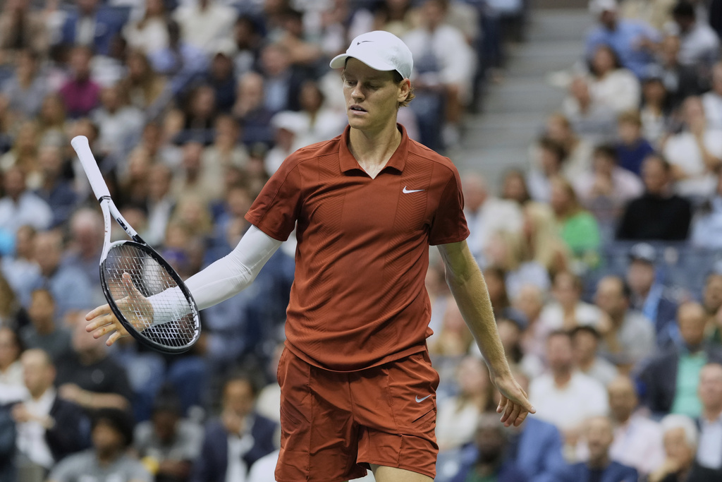 Jannik Sinner, of Italy, reacts during the men's singles final of the U.S. Open tennis championships against Carlos Alcaraz, of Spain, Sunday, Sept. 7, 2025, in New York. (AP Photo/Seth Wenig)