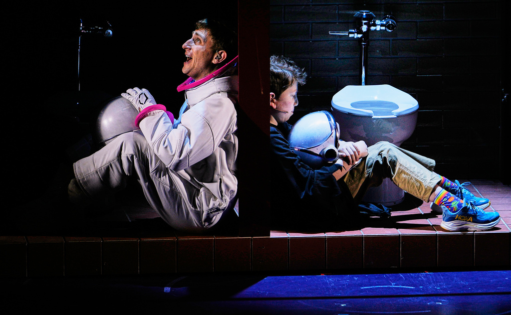 Actor Nathan Salstone, left, who portrays the imaginary friend of the main character Auggie, right, played by Max Voehl, during the musical "Wonder" at the American Repertory Theater in Cambridge, Mass., Thursday, Feb. 12, 2026. (AP Photo/Charles Krupa)