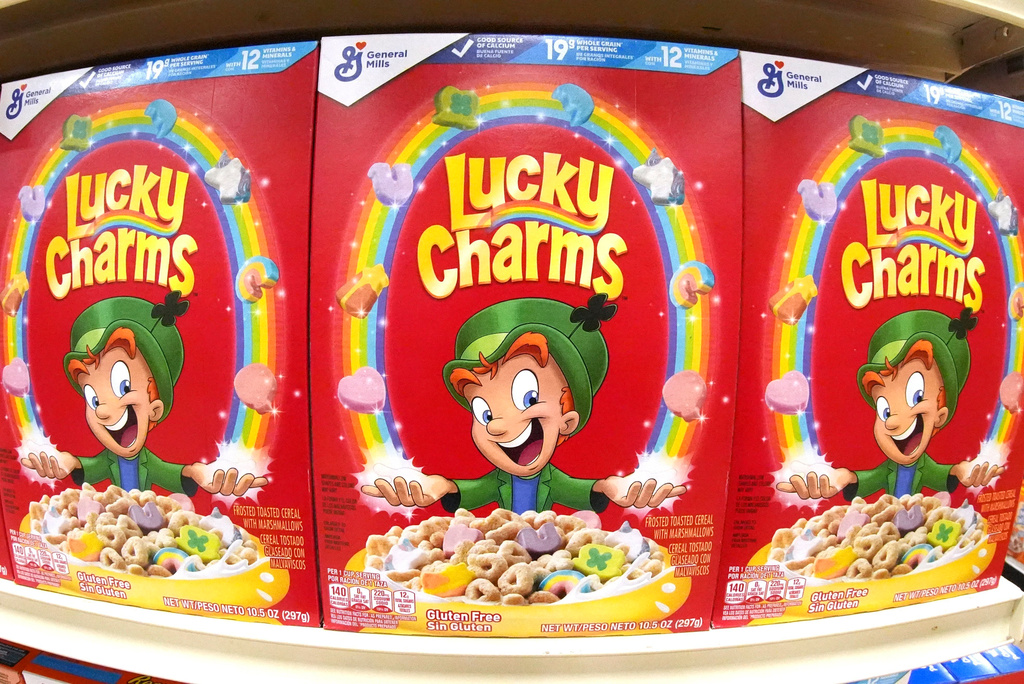 FILE-This is a shelf of General Mills Lucky Charms cereal at a market in Homestead, Pa., on Monday, Feb. 24, 2025. (AP Photo/Gene J. Puskar, File)