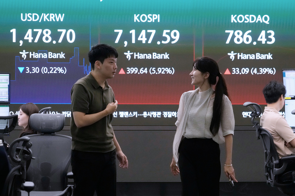 Currency traders work near a screen showing the Korea Composite Stock Price Index (KOSPI) and the foreign exchange rate between U.S. dollar and South Korean won at the foreign exchange dealing room of the Hana Bank headquarters in Seoul, South Korea, Wednesday, July 22, 2026. (AP Photo/Ahn Young-joon)