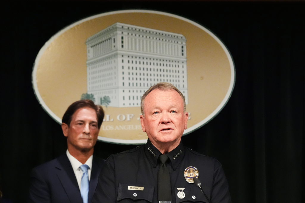 LAPD Chief Jim McDonnell speaks Monday, April 20, 2026, in Los Angeles regarding the case of singer D4vd, who was charged on suspicion of killing a 14-year-old girl whose dismembered body was found in his car. (AP Photo/Damian Dovarganes)