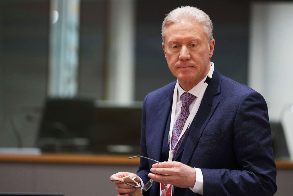 FILE - Lebanon's Foreign Minister Youssef Rajji attends a round table meeting at the 9th international conference in support of Syria at the European Council building in Brussels, on March 17, 2025. (AP Photo/Virginia Mayo, File)