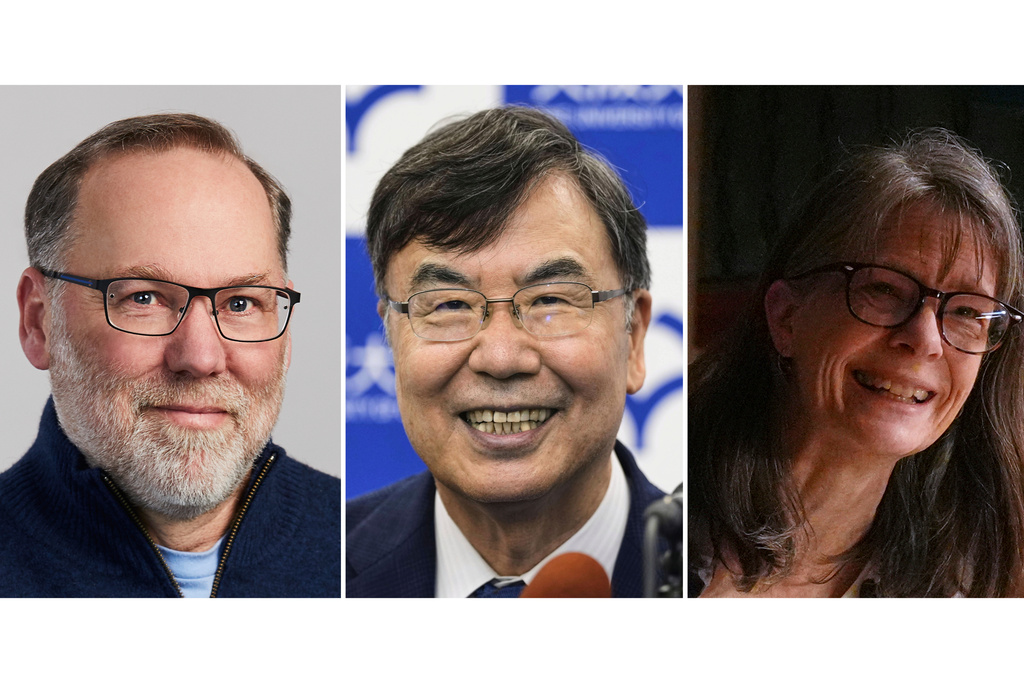 This photo combination shows, from left, Fred Ramsdell in a photo provided by Sonoma Biotherapeutics, Osaka University professor Dr. Shimon Sakaguchi, in Suita, near Osaka, western Japan, Oct. 6, 2025 and Mary E. Brunkow in Seattle, Oct. 6, 2025. (Sonoma Biotherapeutics/Shohei Miyano/Kyodo News, Lindsey Wasson via AP)