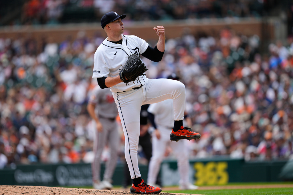 Detroit Tigers pitcher Tarik Skubal reacts to a pitch during the seventh inning of a baseball game against the Baltimore Orioles Wednesday, July 29, 2026, in Detroit. (AP Photo/Paul Sancya)