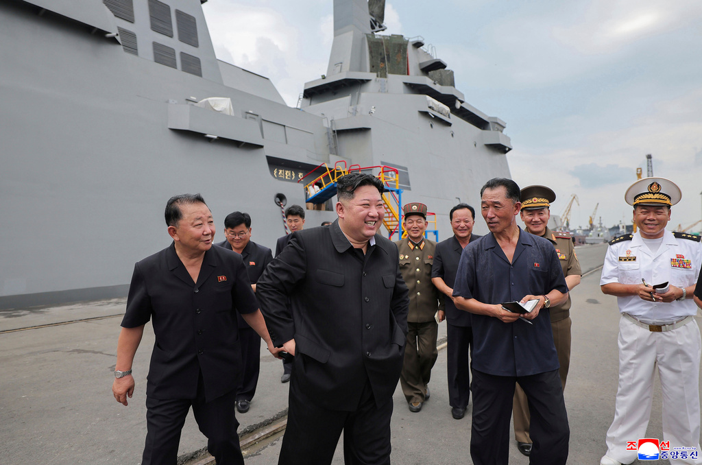 In this photo provided by the North Korean government, North Korean leader Kim Jong Un inspects the warship Choe Hyon in Nampo, North Korea, on Aug. 18, 2025. Independent journalists were not given access to cover the event depicted in this image distributed by the North Korean government. The content of this image is as provided and cannot be independently verified. Korean language watermark on image as provided by source reads: "KCNA" which is the abbreviation for Korean Central News Agency. (Korean Central News Agency/Korea News Service via AP)