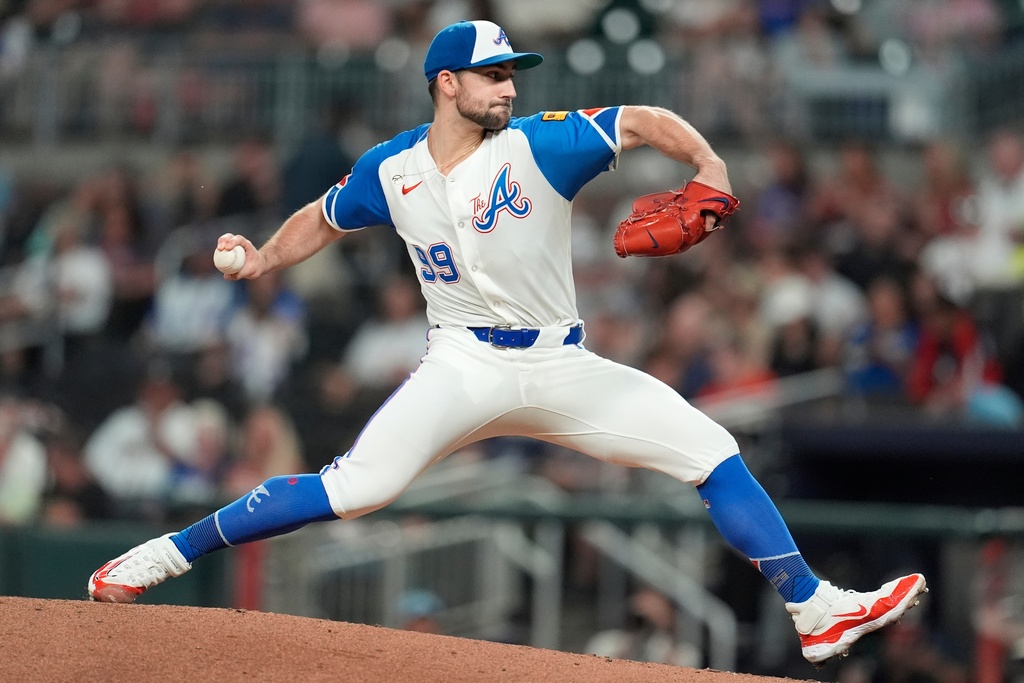 Atlanta Braves pitcher Spencer Strider (99) works against the Pittsburgh Pirates in the fifth inning of a baseball game, Saturday, Sept. 27, 2025, in Atlanta. (AP Photo/Mike Stewart)
