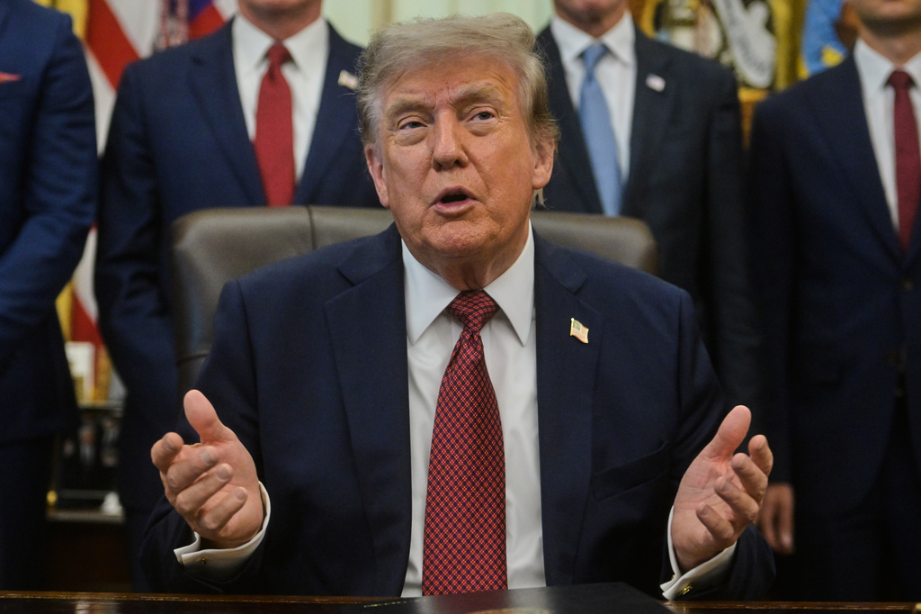President Donald Trump speaks in the Oval Office of the White House, Friday, July 24, 2026, in Washington. (AP Photo/Rod Lamkey, Jr.)
