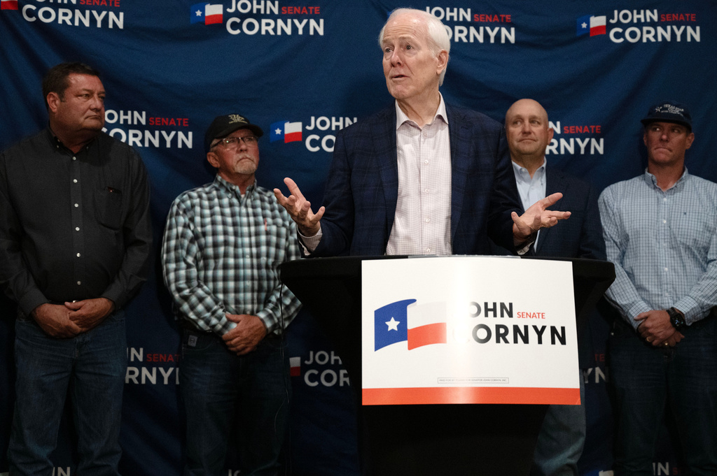 Sen. John Cornyn, R-Texas, speaks during a campaign event in Lubbock, Texas, Tuesday, May 19, 2026. (AP Photo/Annie Rice)