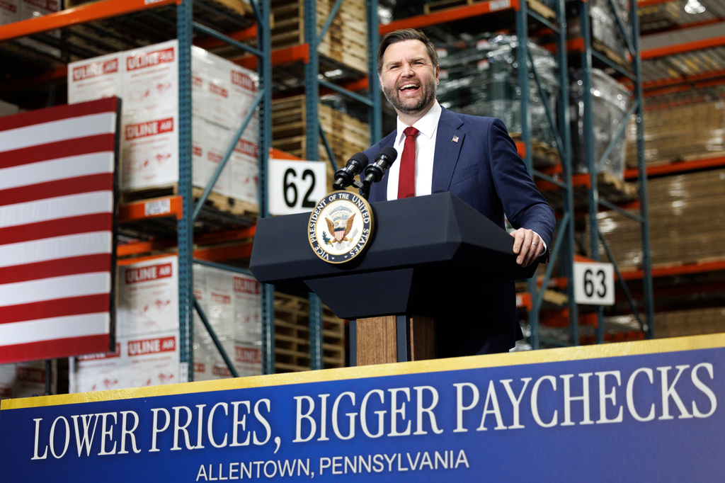 Vice President JD Vance delivers remarks at Uline Inc. in Allentown, Pa., Tuesday, Dec. 16, 2025. (Tom Brenner/The New York Times via AP, Pool)