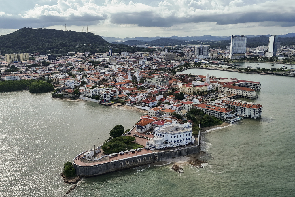 The old town "Casco Viejo" of Panama City, built after pirates destroyed the first settlement, overlooks the Bay of Panama on the Pacific Ocean, Sunday, Aug. 24, 2025. (AP Photo/Matias Delacroix)