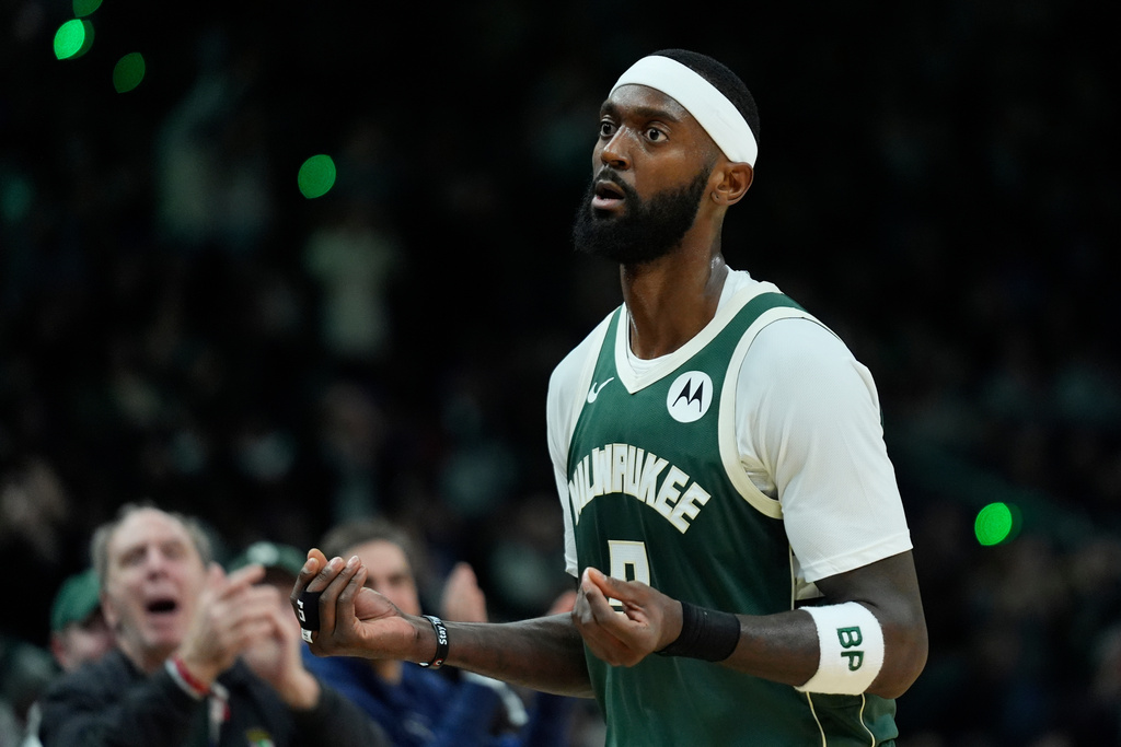 Milwaukee Bucks' Bobby Portis gestures after making a basket during the first half of an NBA basketball game against the Indiana Pacers, Friday, Feb. 6, 2026, in Milwaukee. (AP Photo/Aaron Gash)