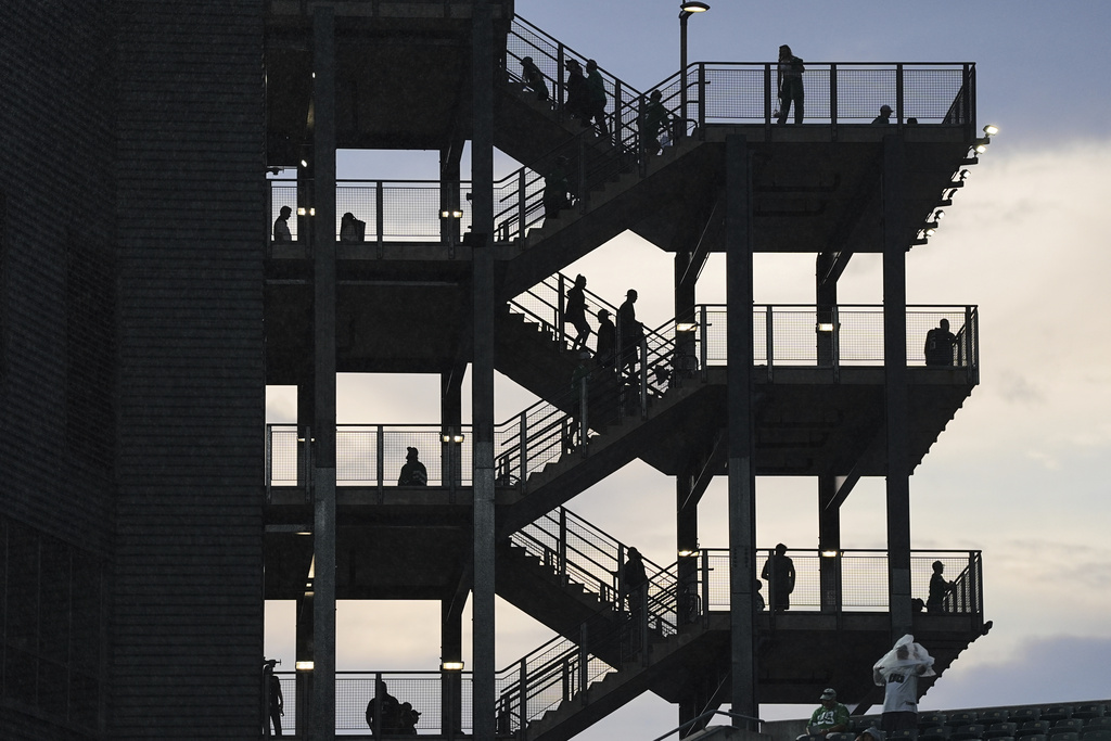 Fans navigate the stairwells at Lincoln Financial Field before an NFL football game between the Dallas Cowboys and Philadelphia Eagles Thursday, Sept. 4, 2025, in Philadelphia. (AP Photo/Matt Rourke)