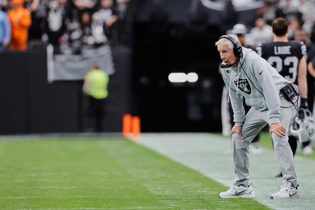 Las Vegas Raiders head coach Pete Carroll watches from the sideline during the first half of an NFL football game against the Jacksonville Jaguars, Sunday, Nov. 2, 2025, in Las Vegas. (AP Photo/Steve Marcus)
