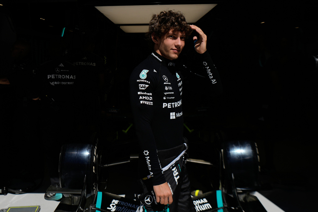 Mercedes driver Andrea Kimi Antonelli of Italy prepares for the first free practice ahead of the Spanish Formula One Grand Prix, in Madrid, Friday, Sept. 11, 2026. (AP Photo/Bernat Armanague)