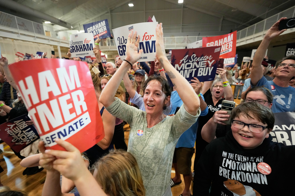 Attendees celebrate as Democratic U.S. Senate candidate Graham Platner speaks during a primary election night watch party after winning the Democratic nomination Tuesday, June 9, 2026, in Blue Hill, Maine. (AP Photo/Robert F. Bukaty)