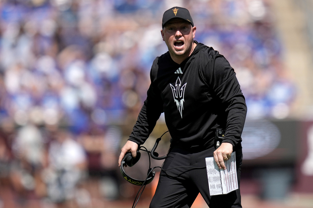 Arizona State head coach Kenny Dillingham reacts to a call against his offense during the first quarter of an NCAA college football game against Texas A&amp;M Saturday, Sept. 12, 2026, in College Station, Texas. (AP Photo/Sam Craft)