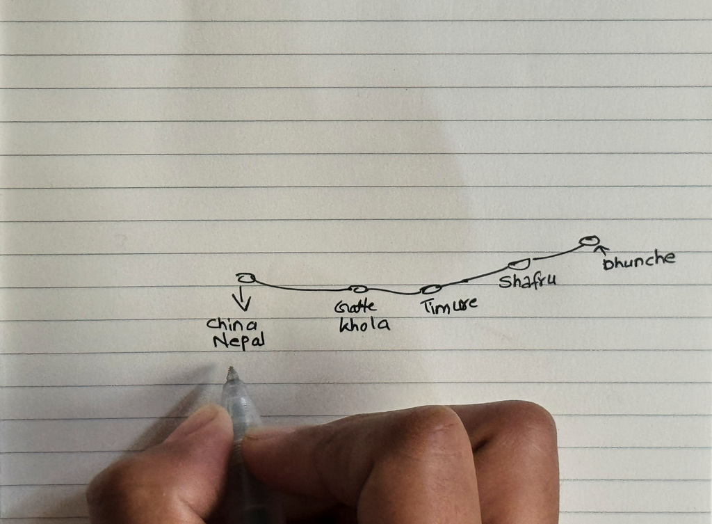 Survivor Tenzin Dolma Ghale, 20, draws the border area that was hard hit by flash floods, as she speaks with the Associated Press in Kathmandu, Nepal, Monday, Aug. 31, 2026. (AP Photo/Niranjan Shrestha)