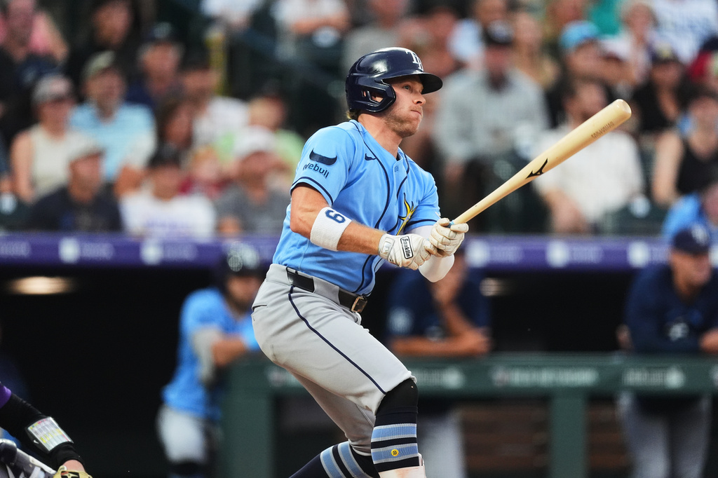 Tampa Bay Rays' Taylor Walls follows the flight of his two-run single off Colorado Rockies starting pitcher Michael Lorenzen in the second inning of a baseball game, Monday, Aug. 3, 2026, in Denver. (AP Photo/David Zalubowski)