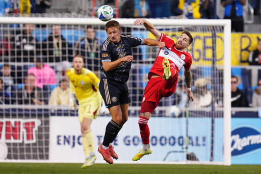 Philadelphia Union's Bruno Damiani, left, and Chicago Fire's Joel Waterman jump for the ball in the first half of Game 1 in the first round of MLS soccer's Eastern Conference playoffs, Sunday, Oct. 26, 2025, in Chester, Pa. (AP Photo/Derik Hamilton) Philadelphia Union's Bruno Damiani, left, and Chicago Fire's Joel Waterman jump for the ball in the first half of Game 1 in the first round of MLS soccer's Eastern Conference playoffs, Sunday, Oct. 26, 2025, in Chester, Pa. (AP Photo/Derik Hamilton)