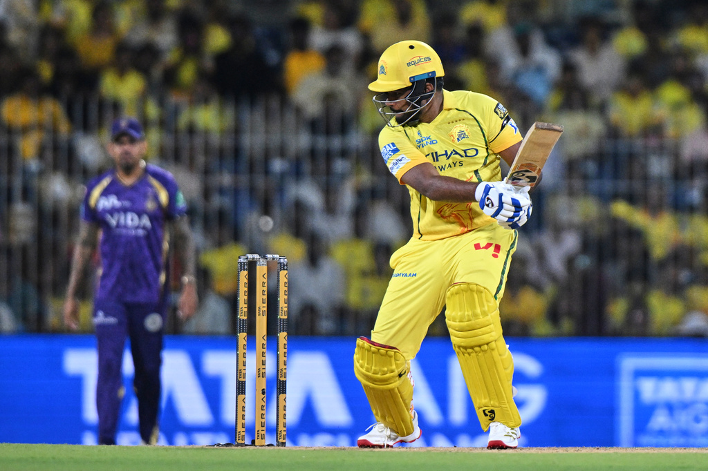 Chennai Super Kings' Sanju Samson plays a shot during the Indian Premier League cricket match between Chennai Super Kings and Kolkata Knight Riders in Chennai, India, Tuesday, April 14, 2026. (AP Photo/ Str)