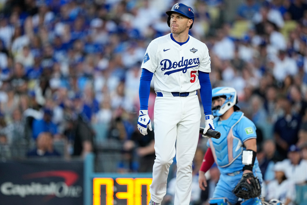 Los Angeles Dodgers' Freddie Freeman walks to the dugout after striking out against the Toronto Blue Jays during the second inning in Game 5 of baseball's World Series, Wednesday, Oct. 29, 2025, in Los Angeles. (AP Photo/Brynn Anderson) Los Angeles Dodgers' Freddie Freeman walks to the dugout after striking out against the Toronto Blue Jays during the second inning in Game 5 of baseball's World Series, Wednesday, Oct. 29, 2025, in Los Angeles. (AP Photo/Brynn Anderson)