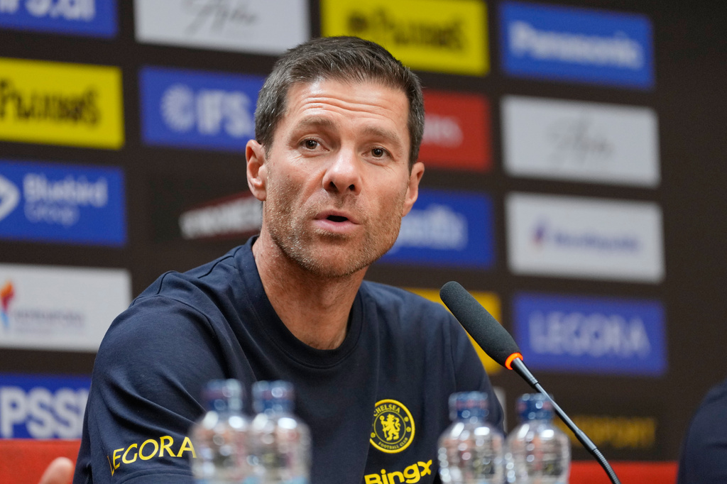 FILE - Chelsea manager Xabi Alonso speaks to the media during a press conference ahead of the pre-season friendly match between Chelsea and AC Milan, in Jakarta, Indonesia, Aug. 7, 2026. (AP Photo/Dita Alangkara, File)