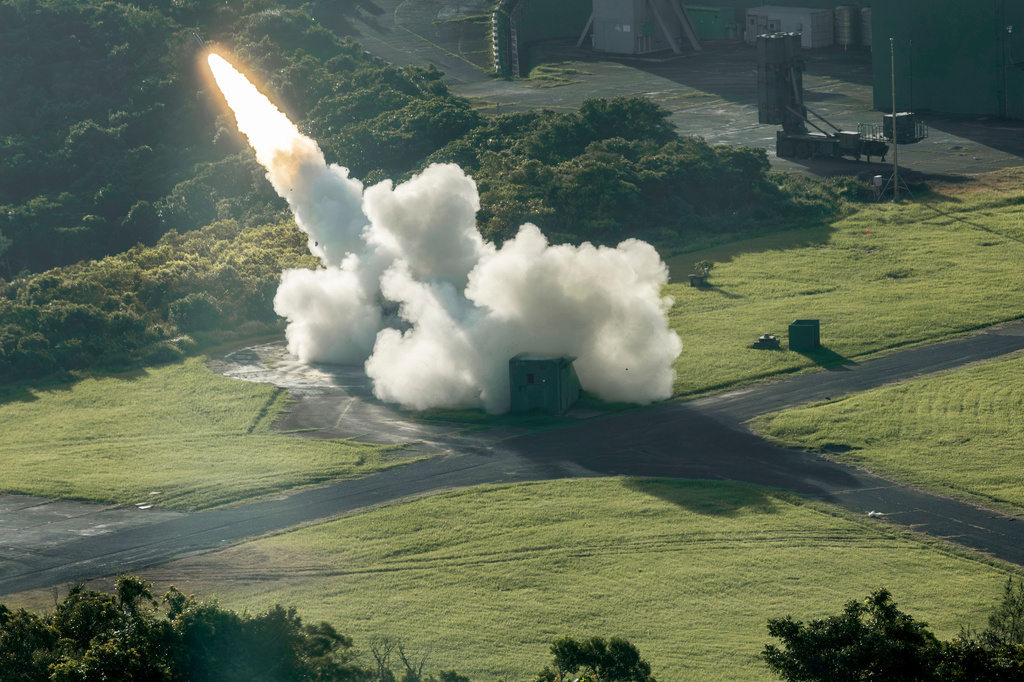 In this photo released by the Taiwan Presidential Office, a missile is launched during drills inspected by Taiwan's President William Lai Ching-te at a base in Pingtung county, in southern Taiwan, on Friday, Sep. 18, 2026. (Taiwan Presidential Office via AP)
