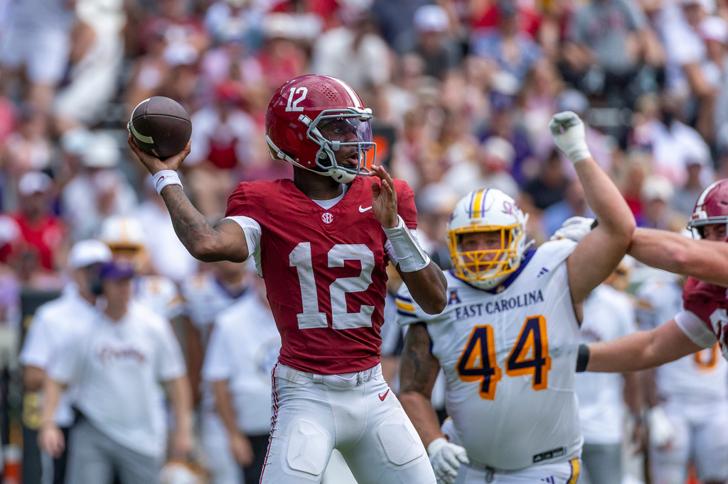 Alabama quarterback Keelon Russell (12) throws a passduring the second half of an NCAA college football game against East Carolina, Saturday, Sept. 5, 2026, in Tuscaloosa, Ala. (AP Photo/Vasha Hunt)