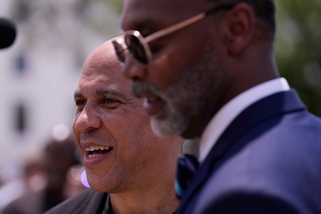 U.S. Sen Corey Booker, D-NY., has his photo taken during a voting rally, Saturday, May 16, 2026, in Montgomery, Ala. (AP Photo/Mike Stewart)