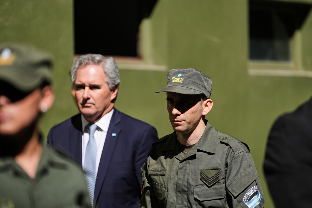 Argentine gendarmerie officer Nahuel Gallo, right, and Foreign Minister Pablo Quirno arrives for a press conference days after Gallo was released from a Venezuelan prison in Buenos Aires, Argentina, Wednesday, March 4, 2026. (AP Photo/Natacha Pisarenko)