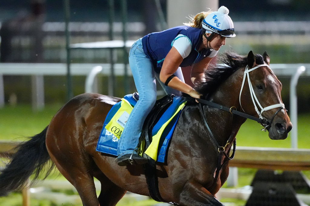 Kentucky Derby entrant Commandment works out at Churchill Downs Tuesday, April 28, 2026, in Louisville, Ky. (AP Photo/Charlie Riedel)