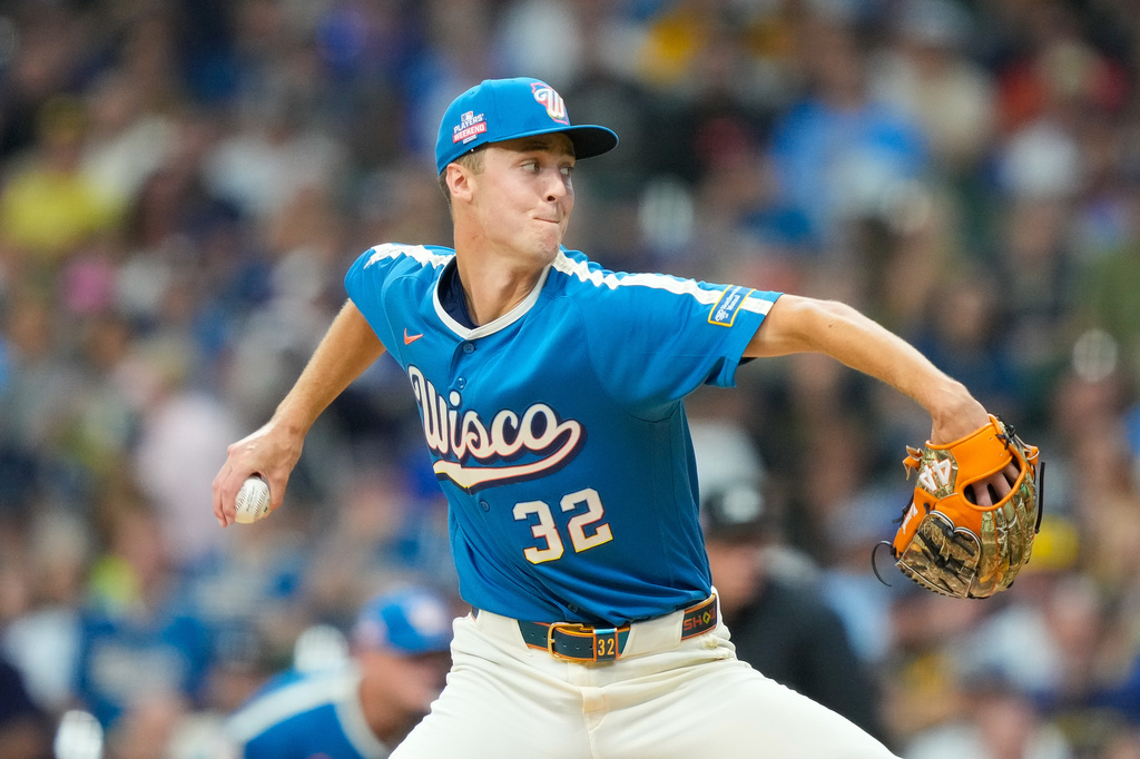 Milwaukee Brewers pitcher Jacob Misiorowski throws during the first inning of a baseball game against the Atlanta Braves, Friday, Aug. 21, 2026, in Milwaukee. (AP Photo/Kayla Wolf)