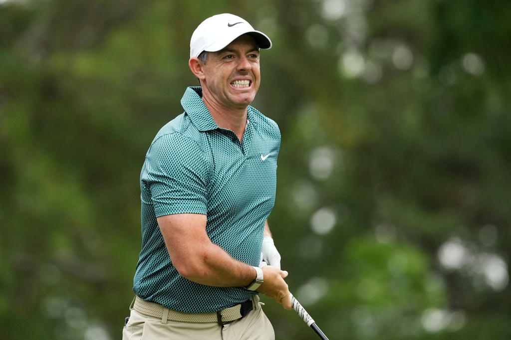 Rory McIlroy, of Northern Ireland, hits from the third tee during third round of the Truist Championship golf tournament at the Quail Hollow Club, Saturday, May 9, 2026, in Charlotte, N.C. (AP Photo/Chris Carlson)