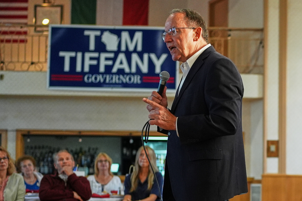 Republican gubernatorial candidate Tom Tiffany talks to supporters during a campaign event, Wednesday, July 29, 2026, in Kenosha, WI. (AP Photo/Nam Y. Huh)