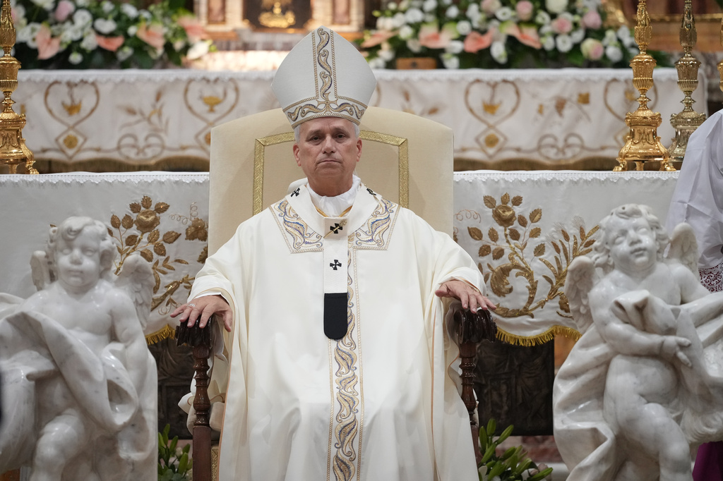 FILE - Pope Leo XIV celebrates a mass at the Basilica Sanctuary of the Mother of Good Counsel in Genazzano, central Italy, Monday, Sept. 7, 2026. (AP Photo/Andrew Medichini, File)