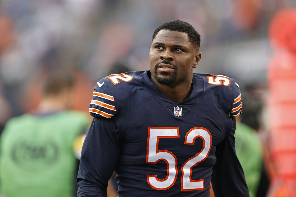 FILE - Chicago Bears outside linebacker Khalil Mack (52) walks off the field after an NFL football game against the Detroit Lions, Oct. 3, 2021, in Chicago. (AP Photo/Kamil Krzaczynski, File)