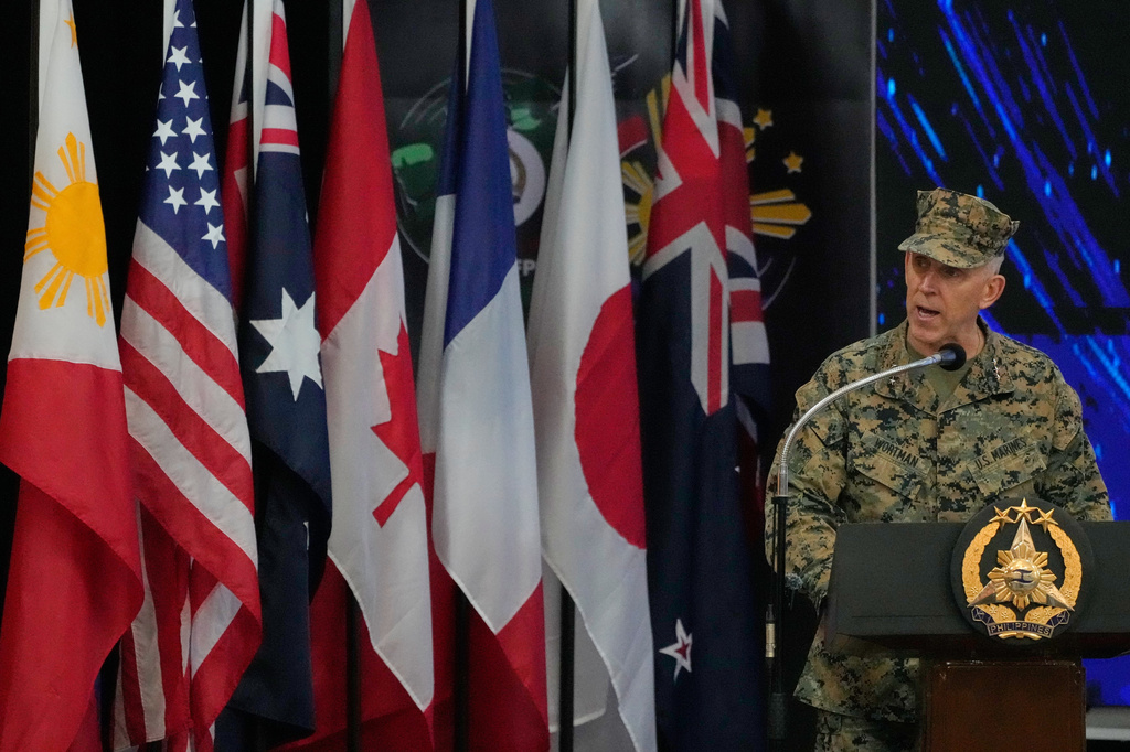 Lt. Gen. Christian Wortman, Commanding General of the U.S. Marine Expeditionary Force, speaks during the opening ceremonies of the joint military exercise dubbed "Balikatan" or "Shoulder to Shoulder," Monday, April 20, 2026, at Camp Aguinaldo military headquarters in Quezon city, Philippines. (AP Photo/Aaron Favila)