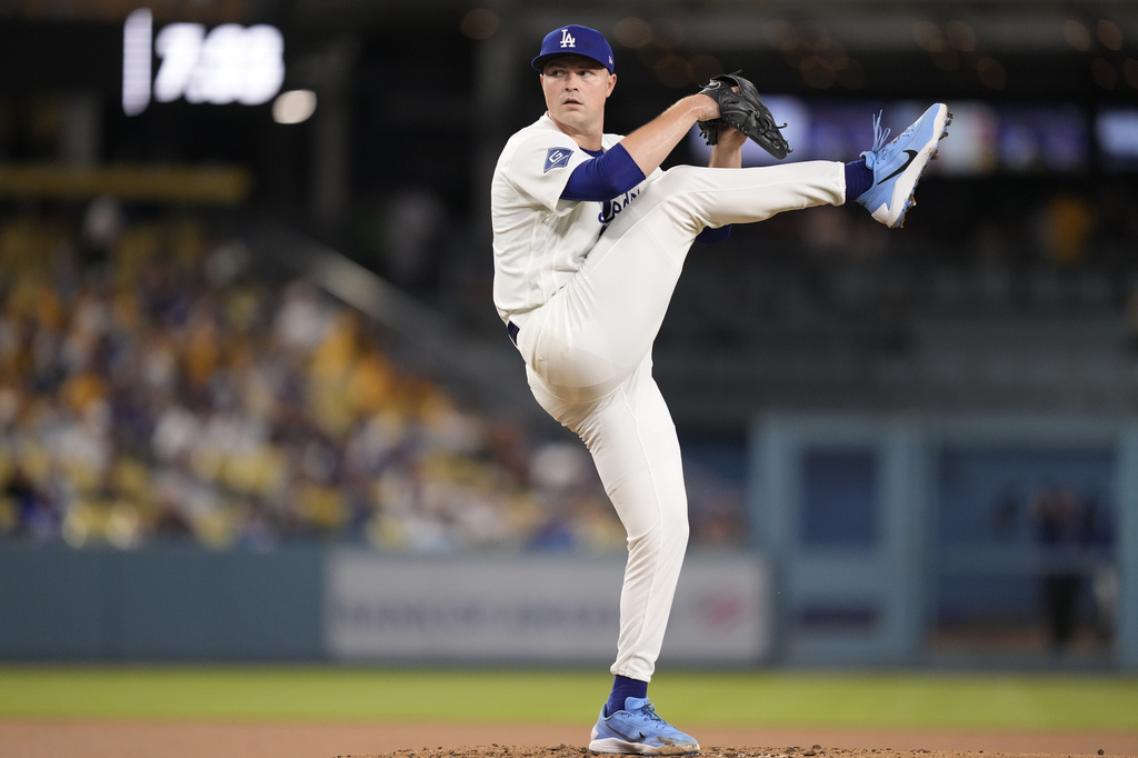 Los Angeles Dodgers starting pitcher Tarik Skubal throws to the plate during the second inning of a baseball game against the St. Louis Cardinals, Thursday, Sept. 3, 2026, in Los Angeles. (AP Photo/Mark J. Terrill)