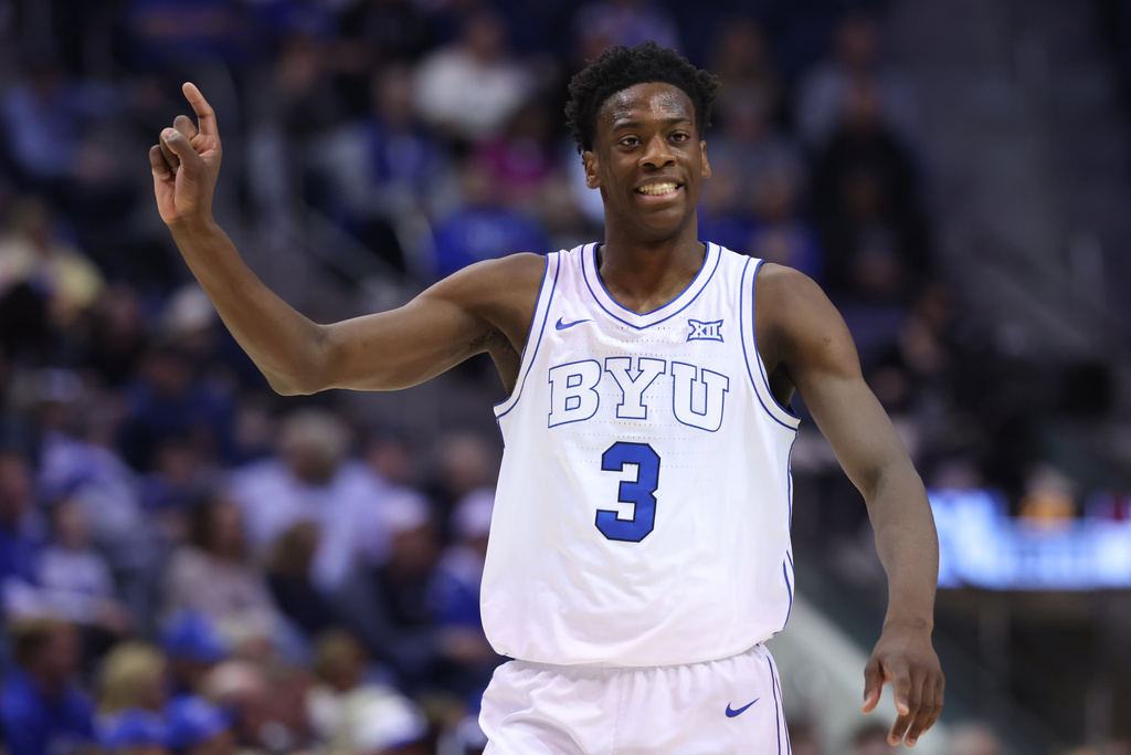 BYU forward AJ Dybantsa reacts after a play against Arizona State during the first half of an NCAA basketball game, Wednesday, Jan. 7, 2026, in Provo, Utah. (AP Photo/Rob Gray)