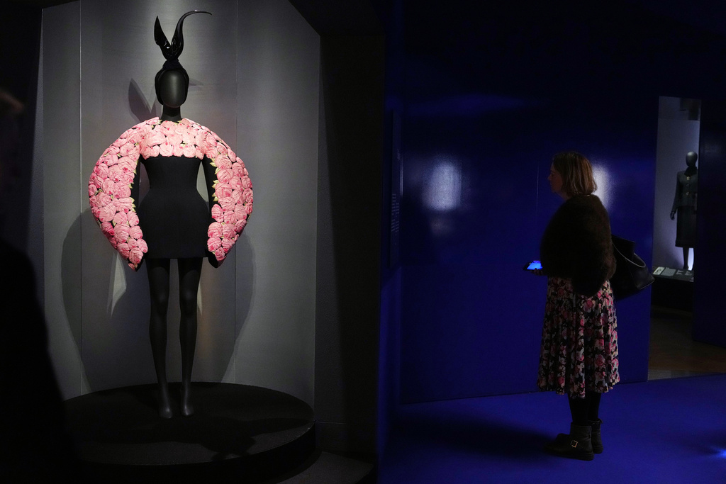 Dress and Hat from Autumn/Winter 2021 is displayed during the press preview for Schiaparelli: Fashion Becomes Art exhibition at the V&A museum in London, Wednesday, March 25, 2026. (AP Photo/Kirsty Wigglesworth)