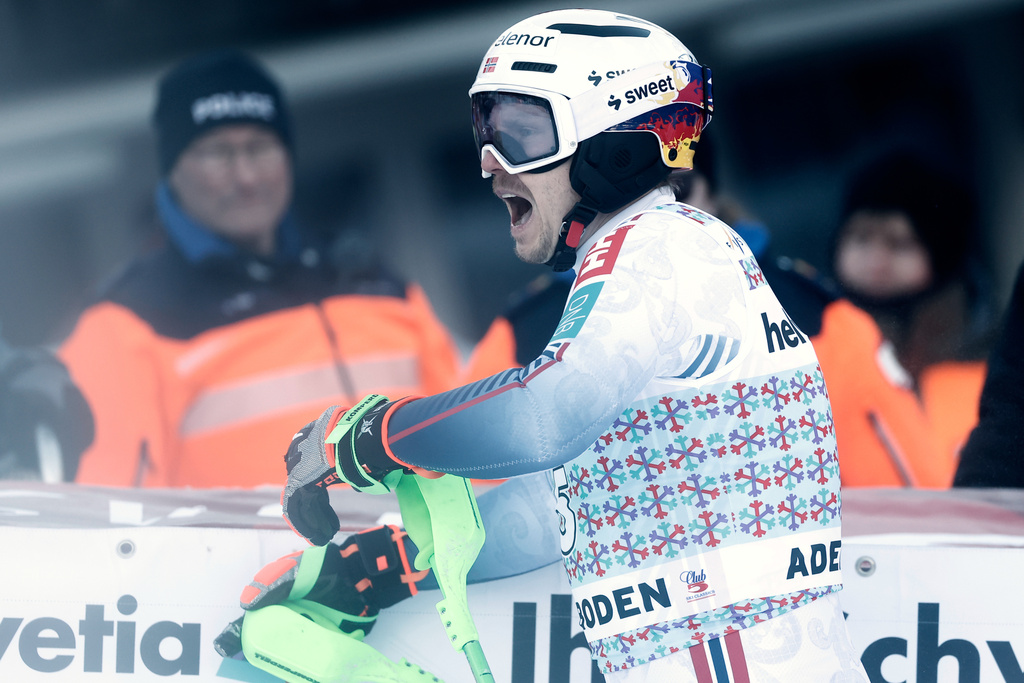 Norway's Henrik Kristoffersen reacts at the finish line during an alpine ski, men's World Cup slalom, in Adelboden, Switzerland, Sunday, Jan. 11, 2026. (AP Photo/Gabriele Facciotti)